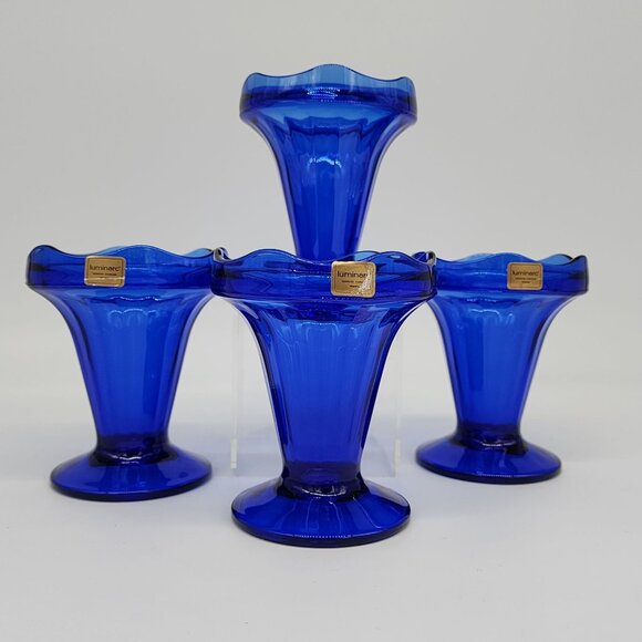 Luminarc French Cobalt Blue Parfait Glass Ice Cream Cup Lot 4 Scalloped VTG - Picture 3 of 10